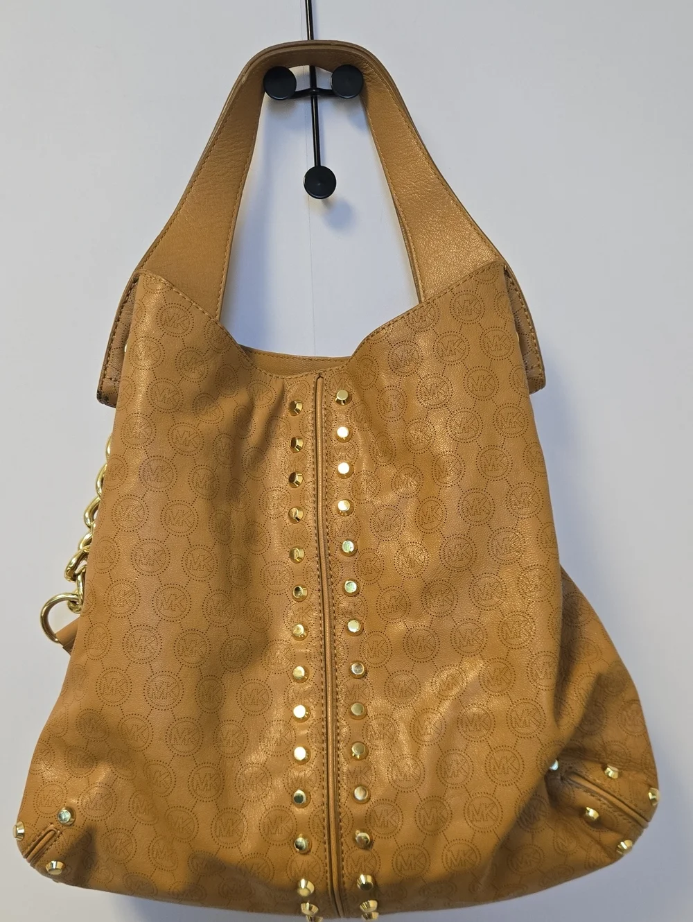 EUC Michael Kors Tan Logo-Embossed Hobo with Gold Studs